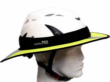 Load image into Gallery viewer, Da Brim PRO Tech Lite Construction helmet visor brim in fluorescent yellow with reflective. Right side view.