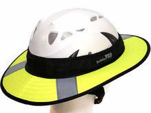 Load image into Gallery viewer, Da Brim PRO Tech Lite Construction helmet visor brim in fluorescent yellow with reflective. Right rear angle view.