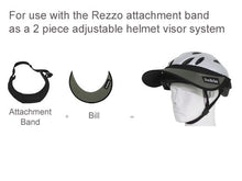 Load image into Gallery viewer, The Da Brim Rezzo Replacement Bill is designed to be used with the Da Brim Rezzo Helmet Visor attachment band. Pictured are the attachment band and bill separately and in combination on a helmet.