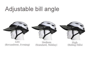 The Da Brim Rezzo helmet visor can be angled to many different positions using its hook and loop system. 3 different angles and uses  (such as recumbent riding, midday, and evening riding)are pictured.