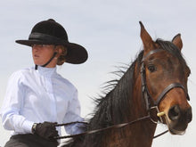 Load image into Gallery viewer, Female rider on horse. Rider is wearing the Da Brim Equestrian Petite Helmet Brim Visor in black.