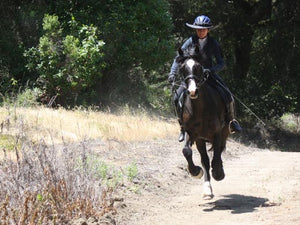 Horse galloping and completely in the air with rider wearing the Da Brim Equestrian Endurance helmet brim visor in black.
