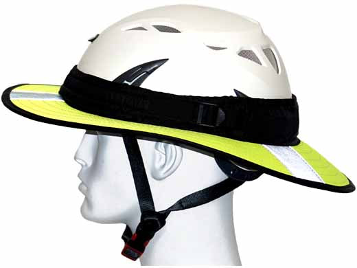 Da Brim PRO Tech Lite Construction helmet visor brim in fluorescent yellow with reflective. Left side view.