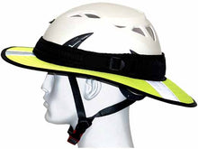 Load image into Gallery viewer, Da Brim PRO Tech Lite Construction helmet visor brim in fluorescent yellow with reflective. Left side view.