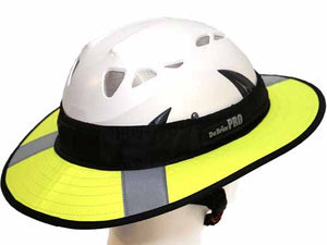 Da Brim PRO Tech Lite Construction helmet visor brim in fluorescent yellow with reflective. Right rear angle view.