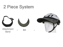 Load image into Gallery viewer, The Da Brim Rezzo helmet visor is a 2 piece system consisting of an attachment band and bill. Photo of each and in combination on a helmet.
