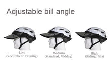 Load image into Gallery viewer, The Da Brim Rezzo helmet visor can be angled to many different positions using its hook and loop system. 3 different angles and uses  (such as recumbent riding, midday, and evening riding)are pictured.